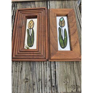 Pair Small Vintage Hand-Painted Tulips On Glass Framed Painting